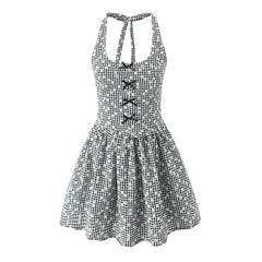 Gray Embroidery White Flower Bow Halter Mini Dress