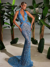 Halter Blue Sequins Sparkly Glitter Maxi Dress