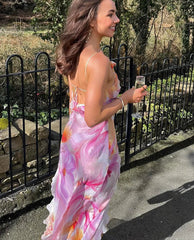 Flower Print Splits Irregular Tassel Patchwork Long Dress