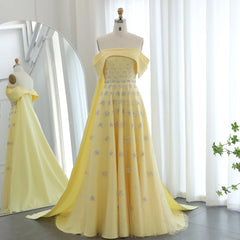 Yellow Satin Evening Gown with Cape