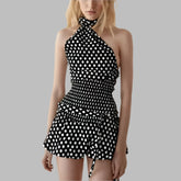 Polka Dot Halter Top Elastic Waist Mini Skirt Set