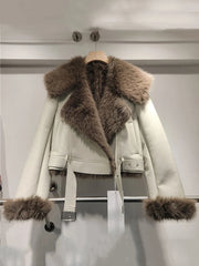 Spliced Leather Faux Fur Long Sleeve Jacket