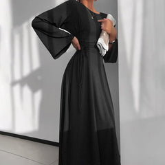 Ribbed Solid Lace-up Long Sleeve Dress