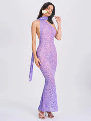 Purple Sheer Halter Draped Open Back Long Dress