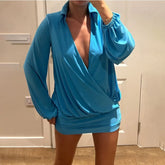 Plunge Long Sleeve Solid Color Mini Dress