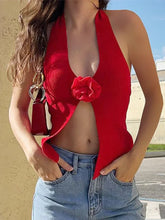 Halter Neck Sleeveless 3D Flower Solid Crop Top