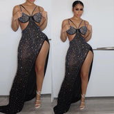 Spaghetti Strap Mesh Black Long Dress