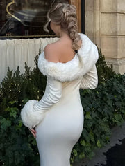 Fluffy Long Sleeve Off-Shoulder Patchwork Dress