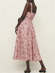 Floral Print Linen Square Collar Lace Up Mid Length Dress