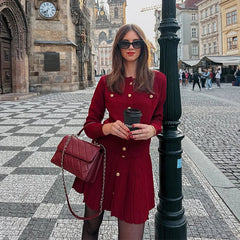 Slim Fit Elegant Burgundy Red Coat and Mini Skirt Set for Women