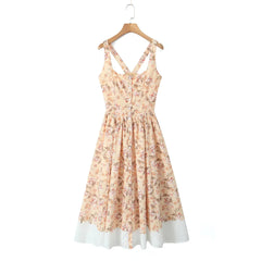 Slash Collar Flower Print Corset Style Pleated Midi Dress