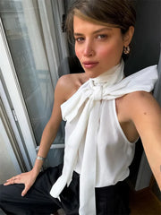 White Turtleneck Twist Lace-Up Top