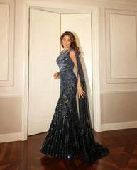 One Shoulder Beaded Mermaid Black Evening Gown with Flowing Cape