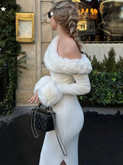 Fluffy Long Sleeve Off-Shoulder Patchwork Dress