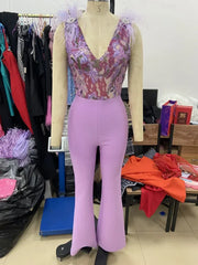 Ärmelloser Pailletten-Federn-Jumpsuit für Damen in Lavendel