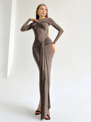 Long Sleeve Pleated Draped Maxi Dress