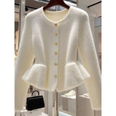 White Ruffle Waist Knit Cardigan