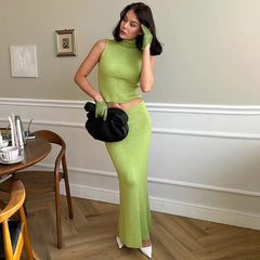 Solid Knit Sleeveless Top Long Skirt Set