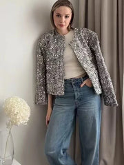 Silver Sequin Embellished Round Neck Short Coat