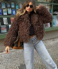 Turn Down Collar Faux Fur Coat