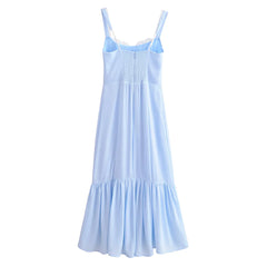 Light Blue Spliced Ruffles Hem Midi Dress