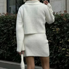 Lapel Cardigan Elastic Waist Mini Skirt Suits