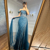 Boat Neck Split Mermaid Elegant Beaded Gowns