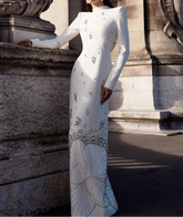 White Beads Diamond Long Sleeve Maxi Dress