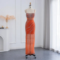 Orange Crystal Mermaid Evening Dress