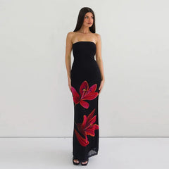 Black Tube Flower Print Back Tie Up Maxi Dress