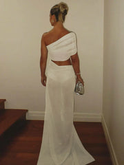 Mesh Backless One-Shoulder Long Dress