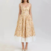 Slash Collar Flower Print Corset Style Pleated Midi Dress