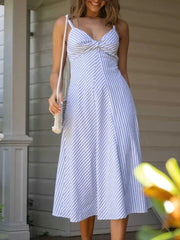 Back Zip Blue Striped Spaghetti Strap Midi Dress