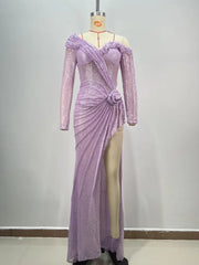 Off-Shoulder Long Sleeve Asymmetric Mesh Dress