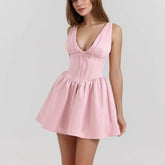 Stain Pleated Ruched Strap Bow Folds Hem Mini Dress