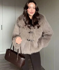 Brown Turn Down Collar Faux Fur Coat