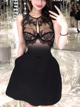 Black Lace Patchwork O Neck Mini Dress