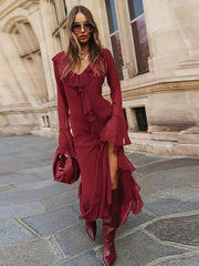 Ruffles Red Flare Sleeve Maxi Dress