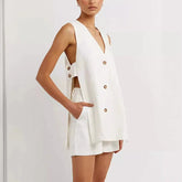 Cotton V Neck Buttons Solid Vest and Shorts Suits