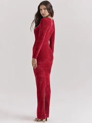 Red Long Sleeve Side Slit Dress