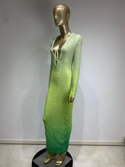 Green Gradient Midi Dress Shimmering Rhinestones & Bold Style