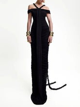 Slash Neck Pleated Braid Ribbon Long Dress