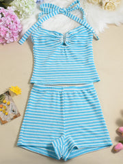 Color-Block Striped Knit Shorts and Crop Halter Top Set