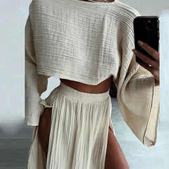 Linen Flare Sleeve Top & Slit Skirt Set