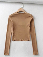 Women Long Sleeves Cotton Ribbed Square Neck Crop Top