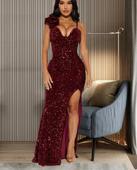 Slit Padded Sequin Strap Long Dress