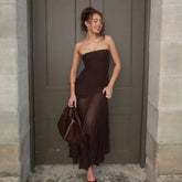 Brown Off-shoulder Strapless Long Dress
