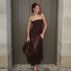 Brown Off-shoulder Strapless Long Dress