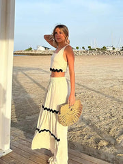 White and Black Stripe Crop Top Long Skirt Suit