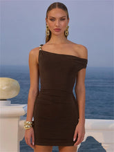 Beaded Asymmetric Slant Neck Mini Dress